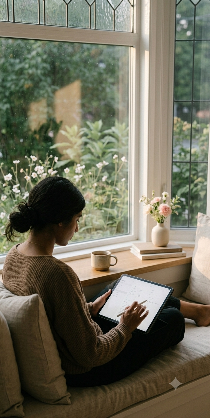 A woman sitting comfortably in a window seat, an iPad open to a beautifully designed digital journal beside a warm cup of tea — exploring new ideas in a quiet, unhurried moment