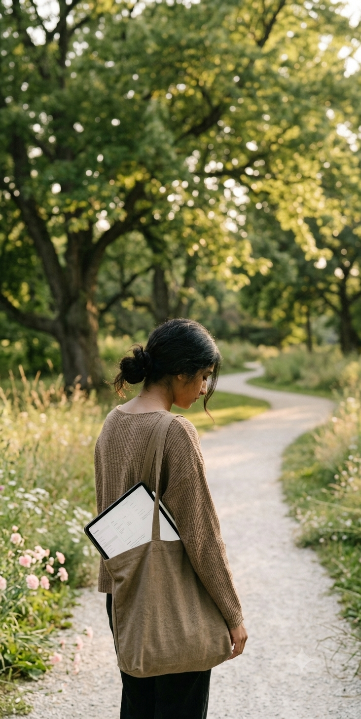 A woman walking slowly through a sunlit park path, unhurried and present — her digital wellness planner tucked in her tote bag, the scene radiating calm, embodied joy