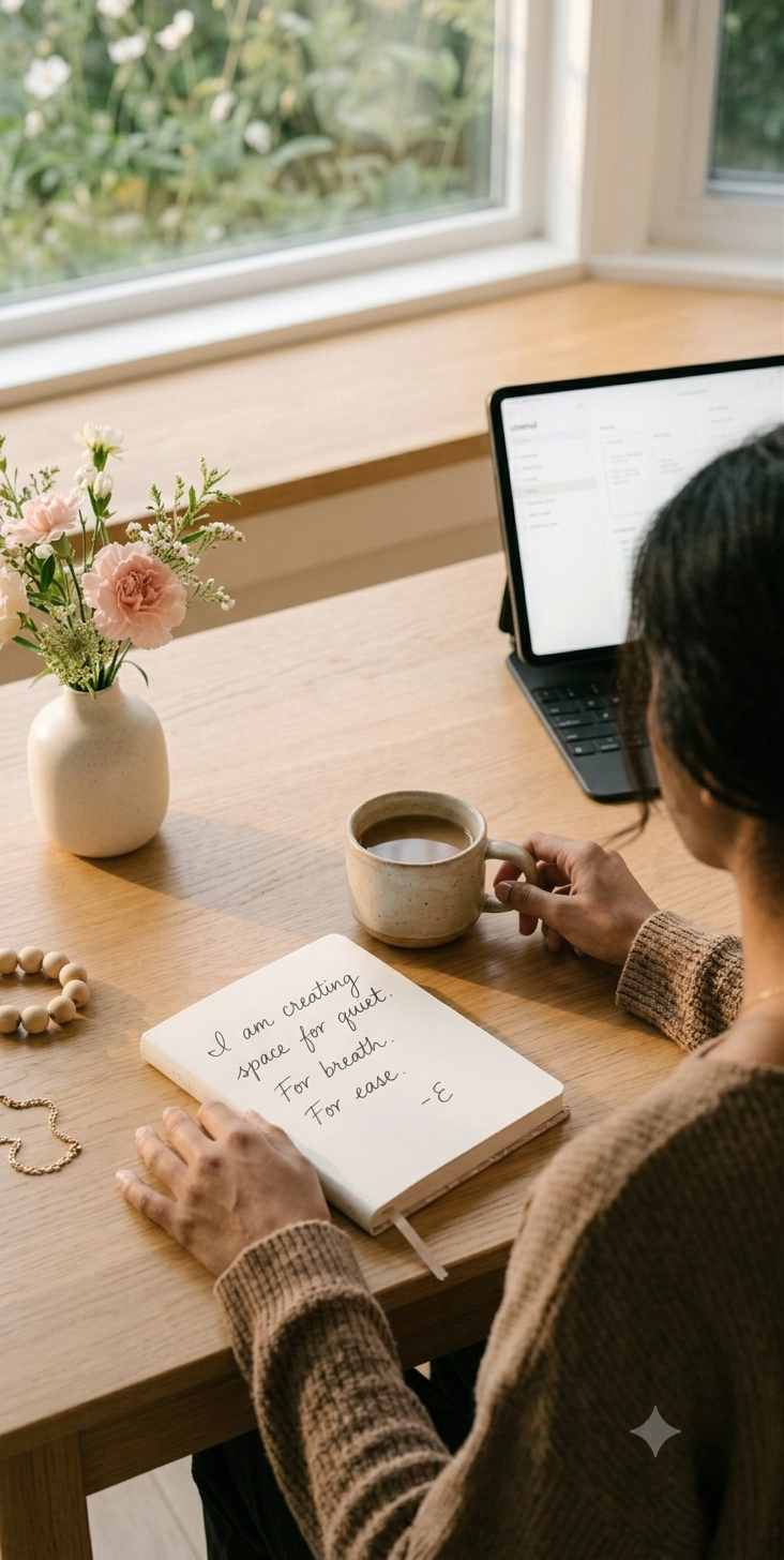 A woman cradling a warm mug of coffee at a sunlit window, eyes soft and present — an open digital manifestation journal on her iPad resting on the table beside her, the scene radiating slow, intentional morning calm