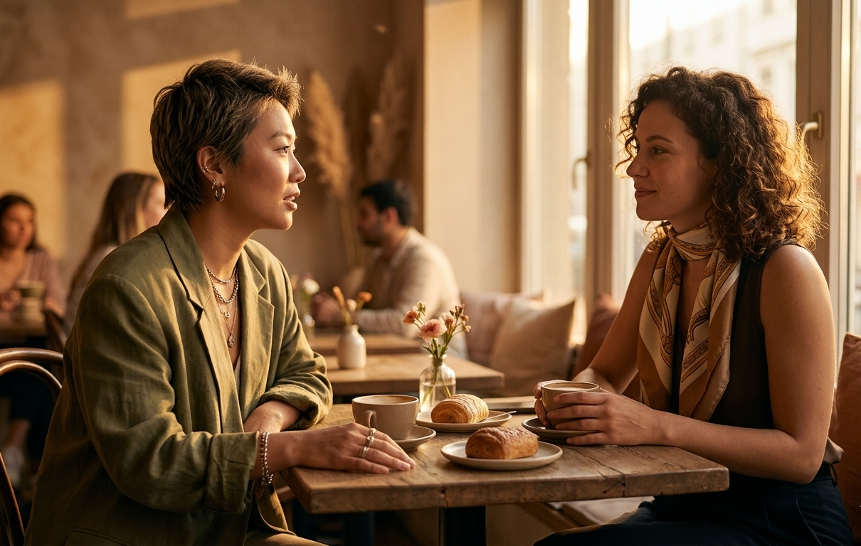 Two women sitting across from each other at a softly lit café table, one leaning forward with an open, earnest expression and the other listening with quiet attentiveness — the warm golden light between them suggesting not conflict but connection, the kind of conversation that makes a relationship deeper rather than fragile