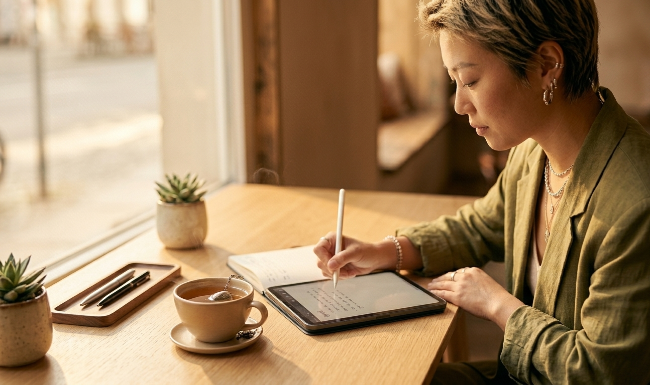 A woman sitting at a sunlit desk, writing in a beautiful open digital journal on her iPad, a warm cup of tea beside her — the scene quiet and contemplative, as if she is carefully preparing what she wants to say before a meaningful conversation