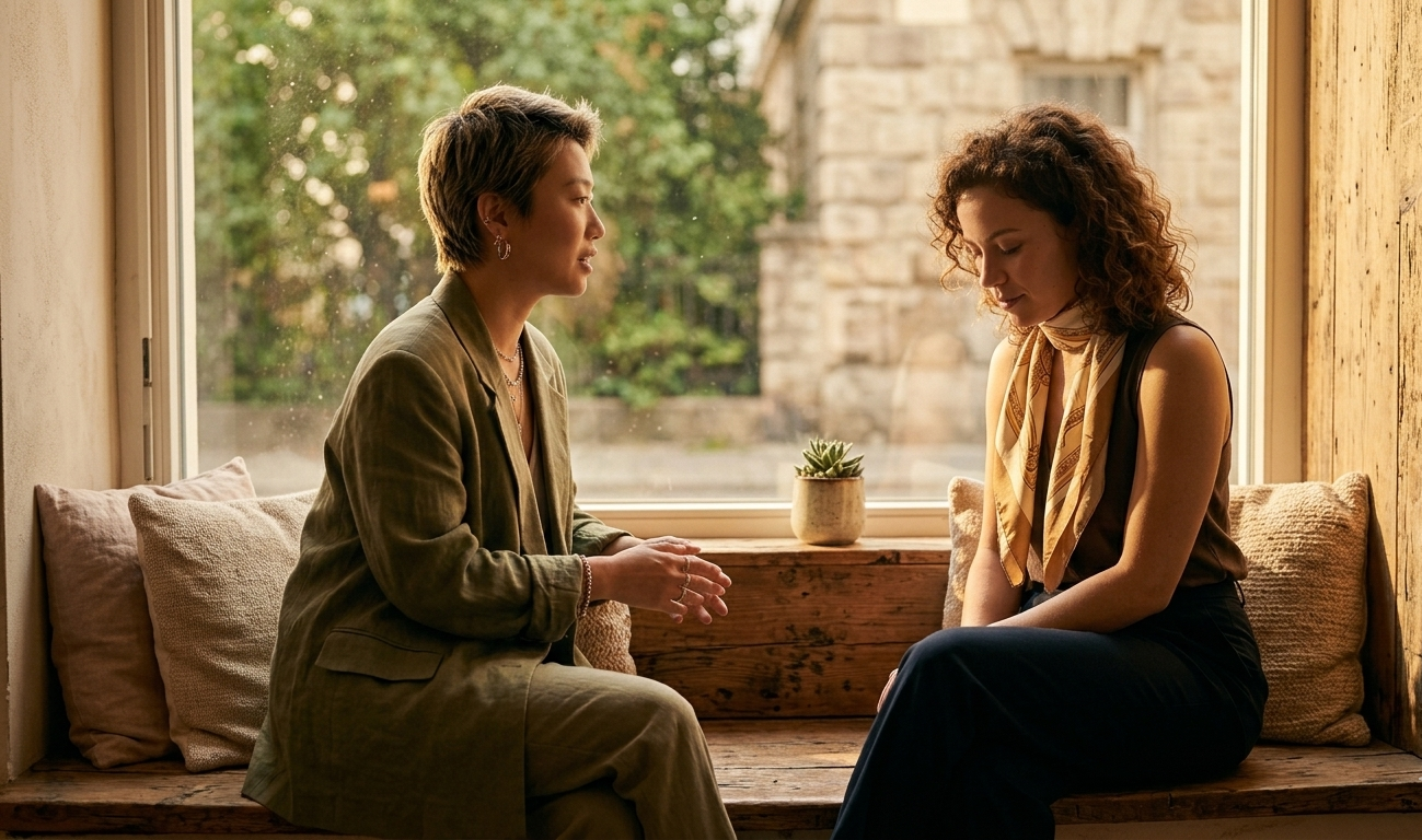 A couple sitting together on a sunlit window seat, one speaking quietly while the other listens with full presence — their body language open and unhurried, the mood one of trust and emotional safety rather than tension