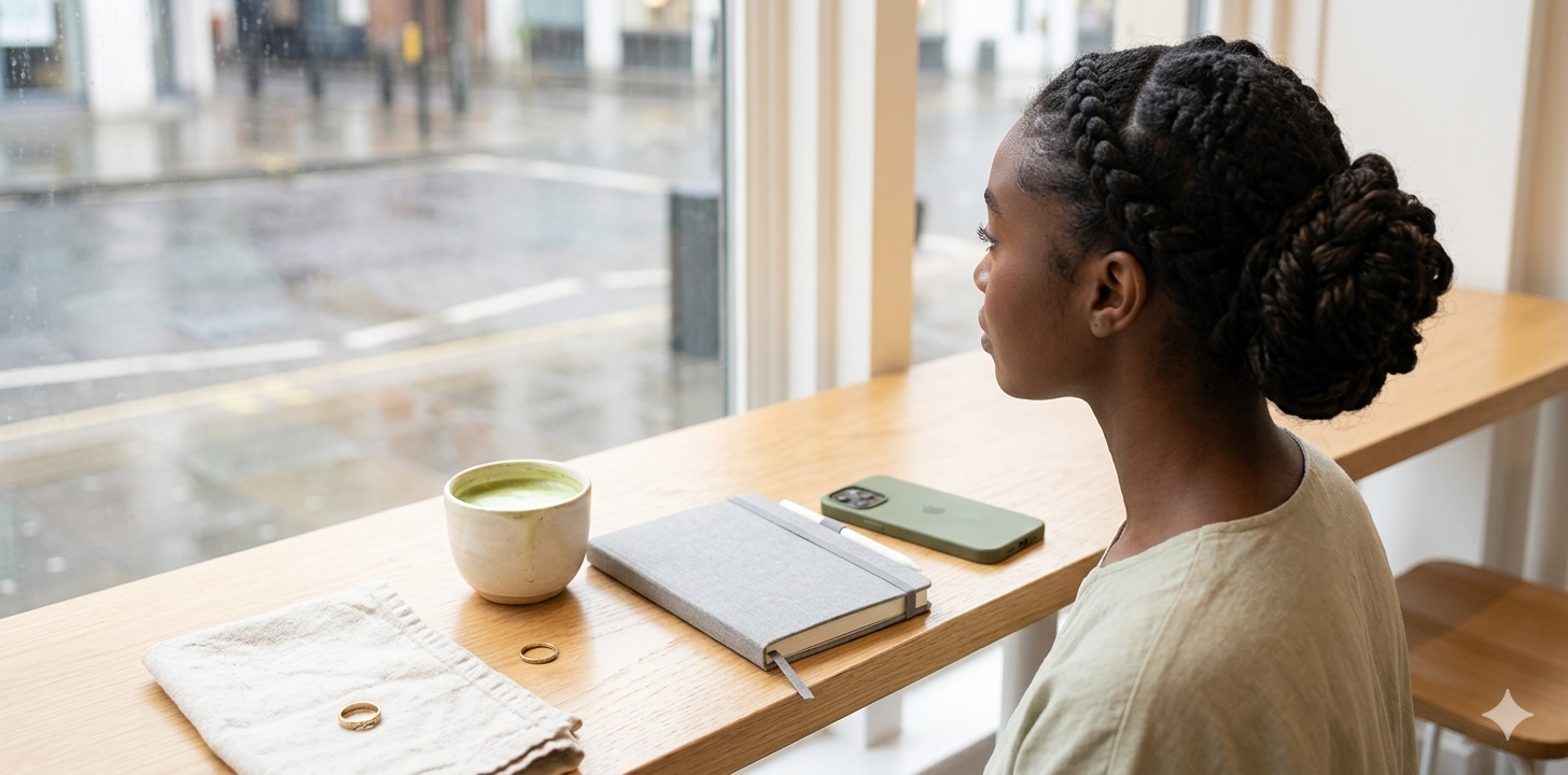 A woman sitting at a sunlit café table, phone face-down beside an open digital wellness journal on her iPad — a warm matcha in hand, eyes gazing peacefully out the window, embodying calm, intentional disconnection