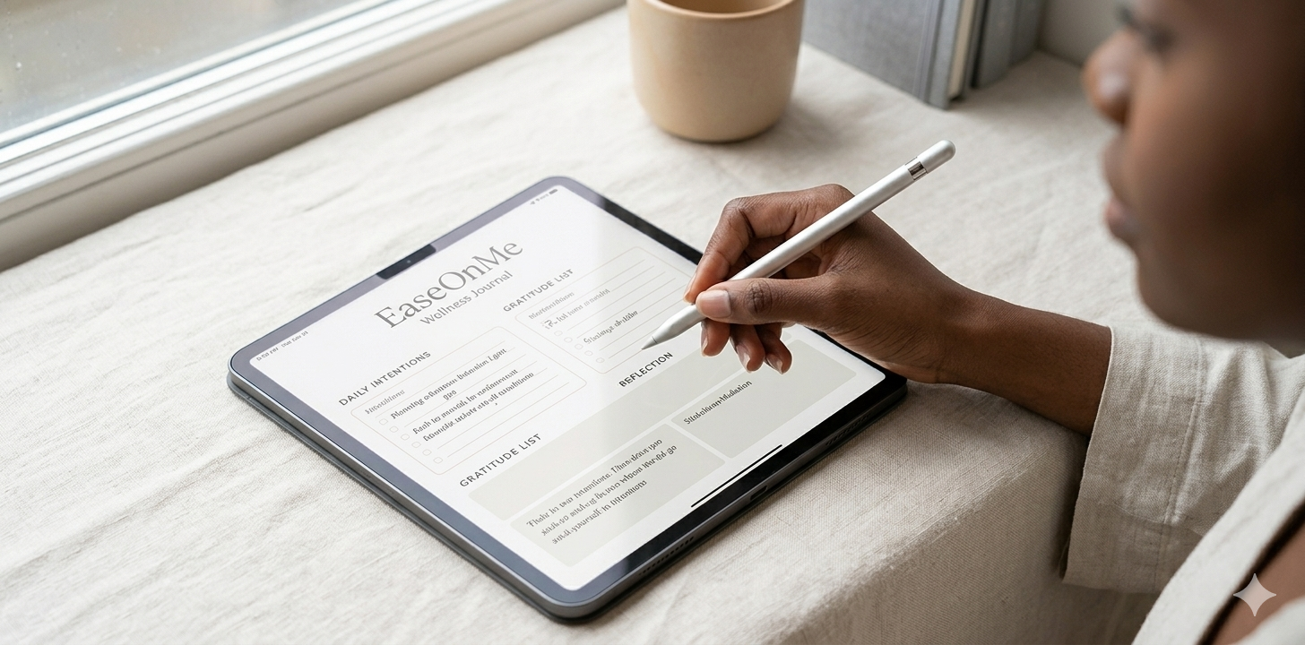 A close-up of an elegant iPad resting on a cream linen surface, open to a beautifully designed digital wellness journal — a gold pen beside it, soft natural light, the scene radiating intentional, screen-free living