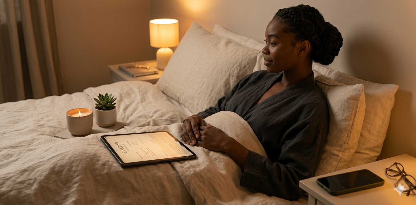 A softly lit bedside scene at dusk — a woman resting against pillows with an open digital planner on a tablet beside a candle and a small plant, phone placed face-down on the nightstand, creating a gentle, screen-light-free evening ritual