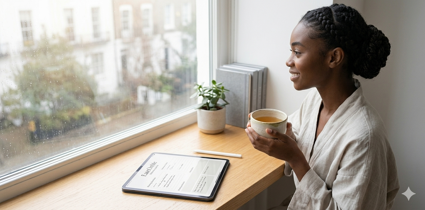 A woman cradling a warm cup of tea at a sunlit window, an open digital wellness journal resting on the table beside her — no phone in sight, just stillness, morning light, and the quiet luxury of being fully present
