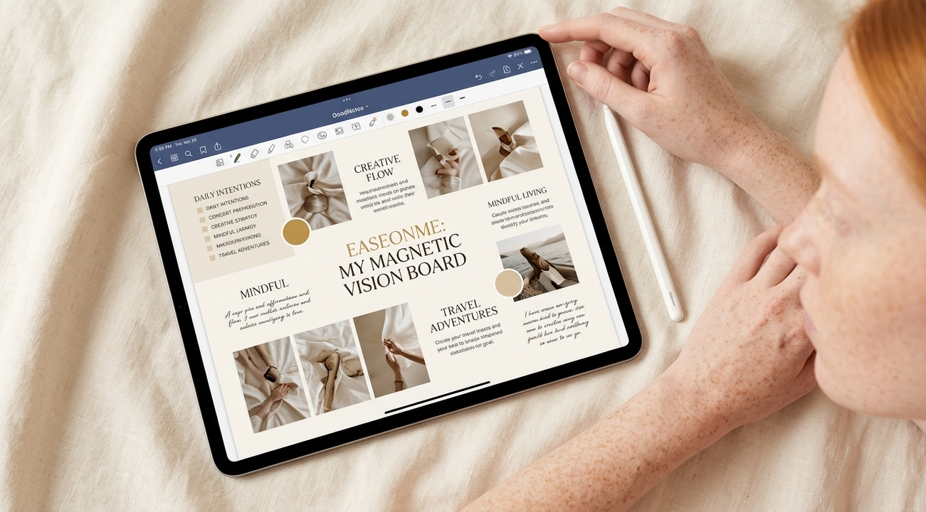 A minimal iPad resting on a cream linen surface, open to a beautifully curated digital vision board — soft neutral tones, elegant typography, and a single accent of warm gold. A fine-tipped Apple Pencil rests beside it.