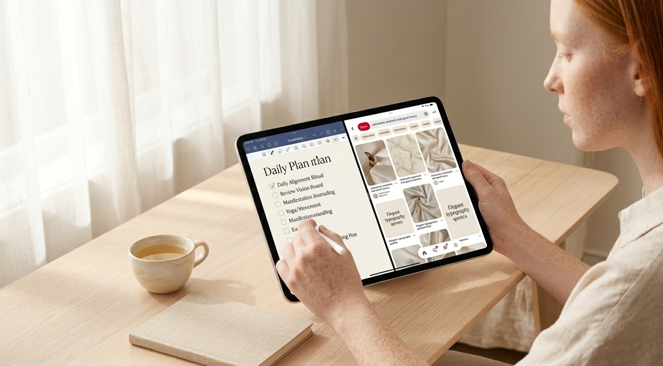 Close-up of an iPad in Split View — Pinterest open on one side showing neutral, minimal lifestyle images, and a GoodNotes digital journal open on the other with an elegant vision board layout taking shape