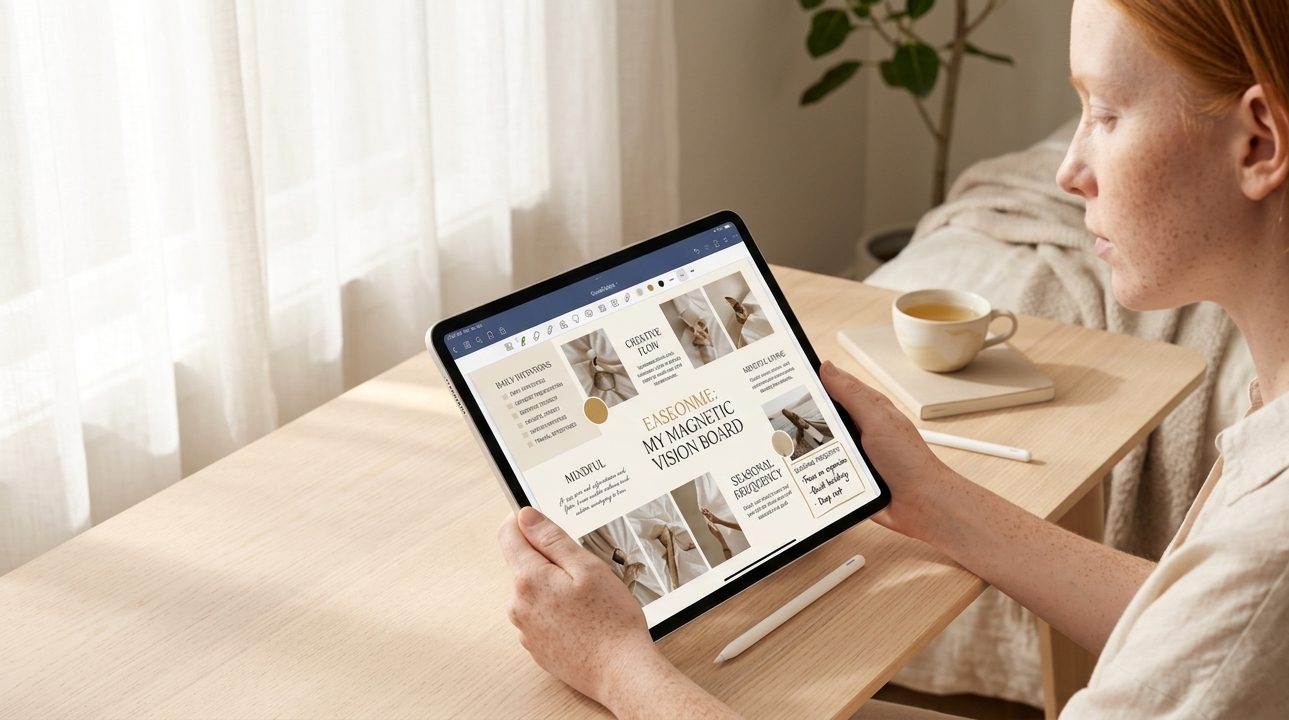 A woman sitting at a minimal desk with an open digital planner on her iPad and a warm cup of tea beside her, morning light streaming softly through a window — the scene radiates calm intention before the day begins