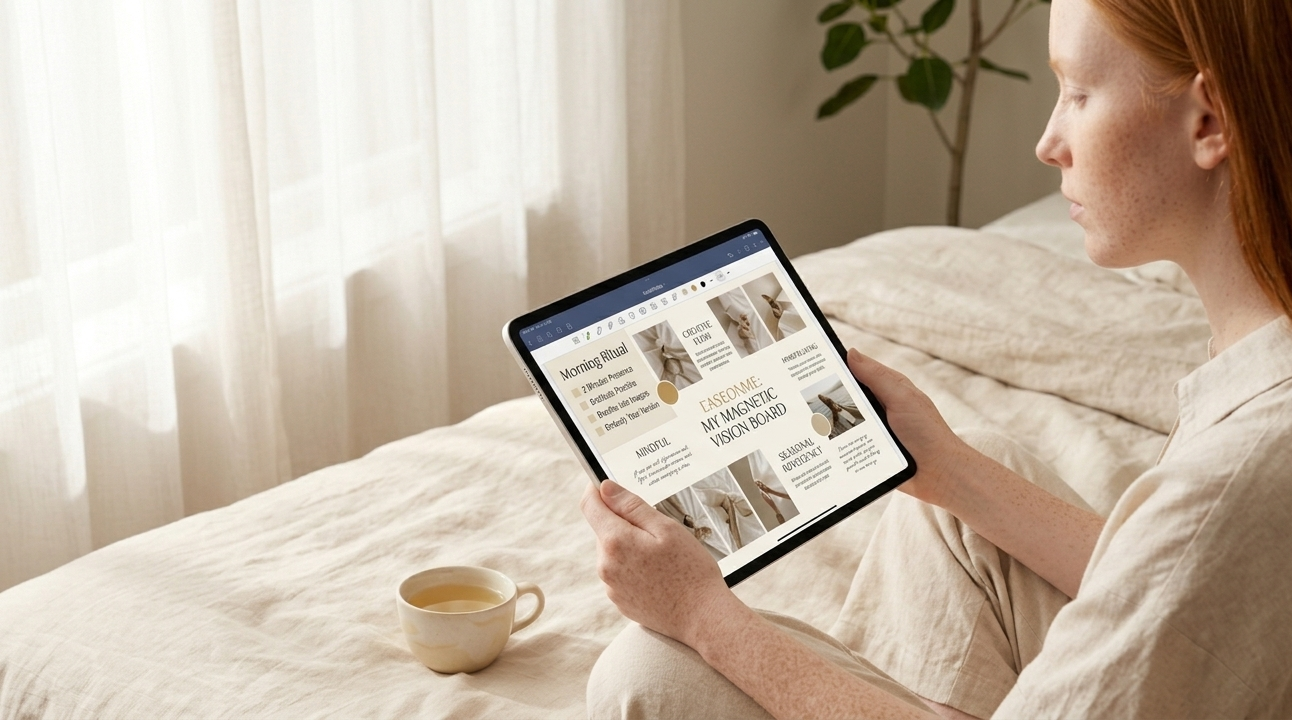 A woman sitting cross-legged on a minimal cream bed, holding her iPad and looking at her digital vision board with soft morning light across her face — a moment of quiet, intentional alignment before the day begins