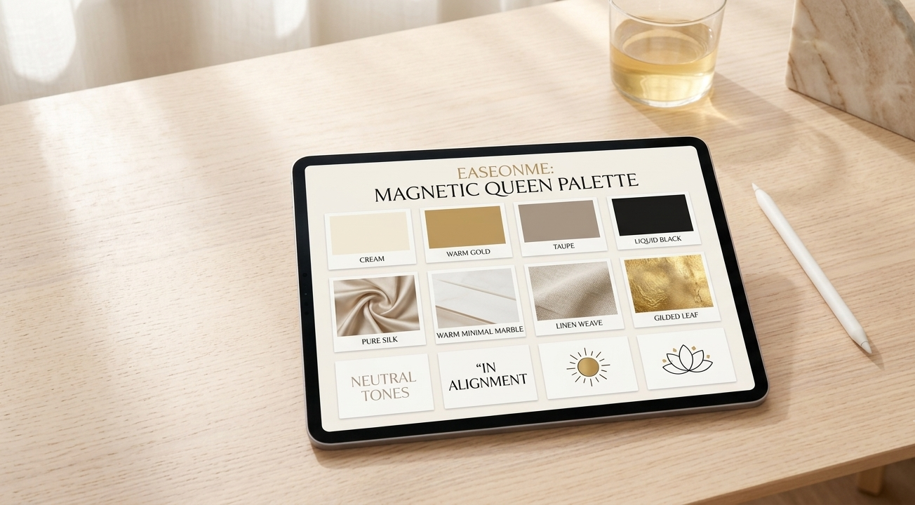 A flat lay of a cream iPad showing a minimalist digital vision board in progress — soft neutral tones, a warm gold accent colour, and clean white space between carefully chosen images