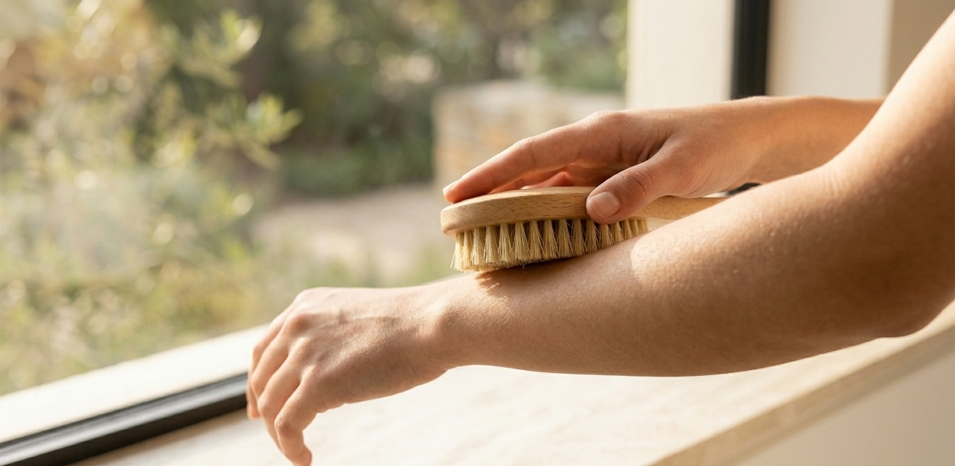 A close-up of a woman's hand holding a natural dry brush against her forearm, demonstrating the upward stroke technique — the skin glowing softly in warm morning light, a minimal bathroom counter with a plant and a closed digital wellness planner visible in the background