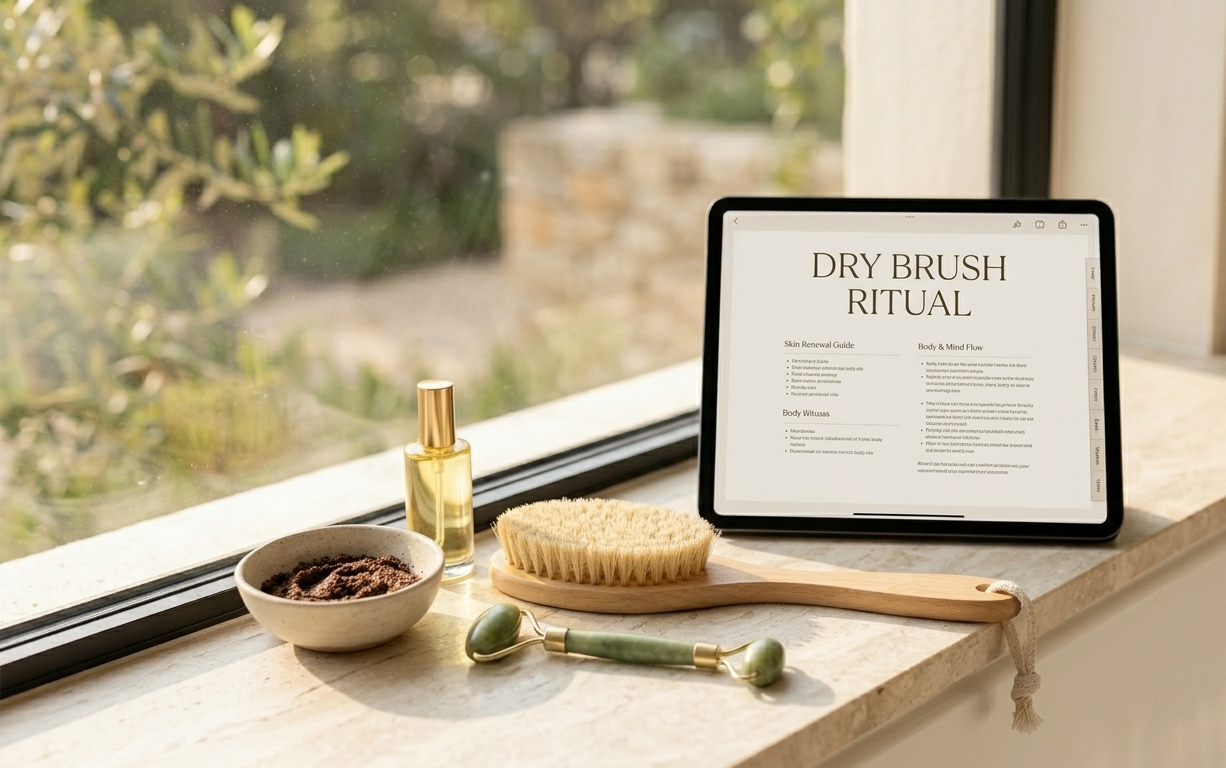 A woman in a cream linen robe standing barefoot in a sun-filled bathroom, holding a natural dry brush loosely at her side, a small ceramic bowl of coffee body scrub and a golden bottle of body oil resting on the marble ledge beside her open digital beauty planner on her iPad — the entire scene radiating unhurried morning luxury, the kind of slow, sensory self-care that leaves your skin glowing and your soul at rest