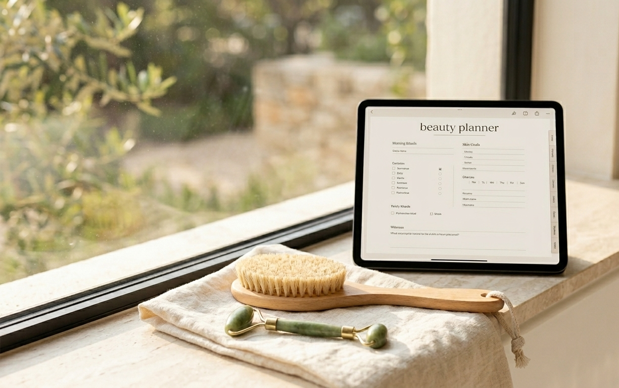 A natural dry brush and a small jade roller resting on a soft cream linen towel beside a sun-drenched window, an open digital beauty journal glowing softly on an iPad in the background — the scene is still, unhurried, and deeply inviting, the kind of morning ritual that reminds you that caring for your body is an act of self-love