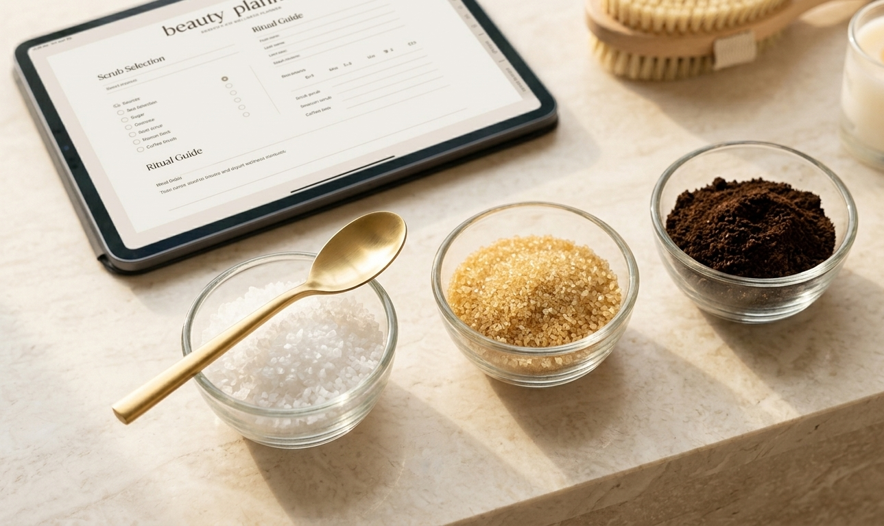 A beautiful flat lay on a cream marble surface showing three small glass bowls — one filled with coarse sea salt, one with golden sugar, one with dark coffee grounds — beside a natural dry brush and a golden spoon, a blurred digital beauty planner open on an iPad resting softly in the background, the whole arrangement lit by warm side light and radiating intentional, luxurious self-care