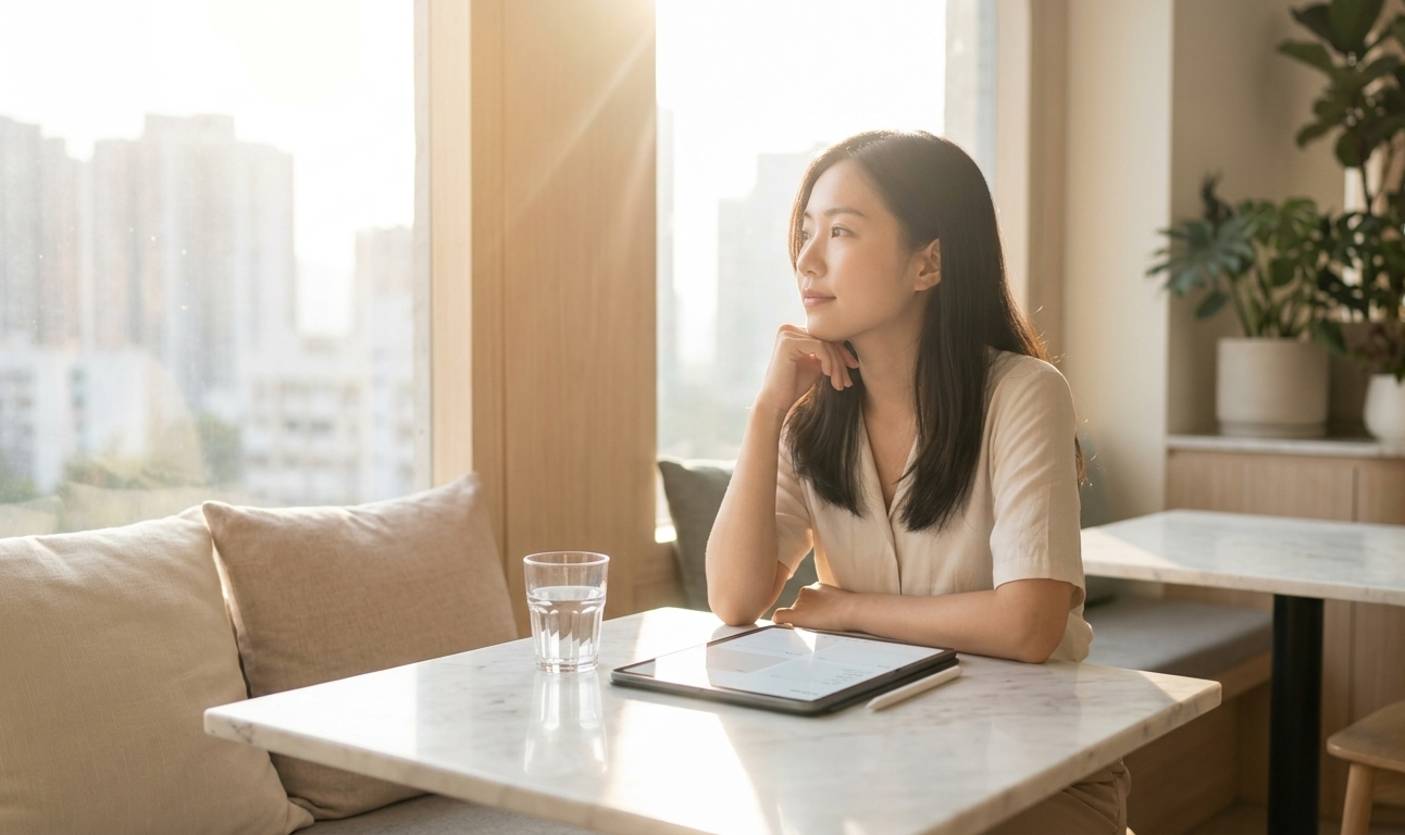 A woman sitting alone at a sun-drenched café window, a glass of water beside an open digital love journal on her iPad, her gaze soft and contemplative — the quiet in her posture suggesting someone who has finally chosen peace over intensity