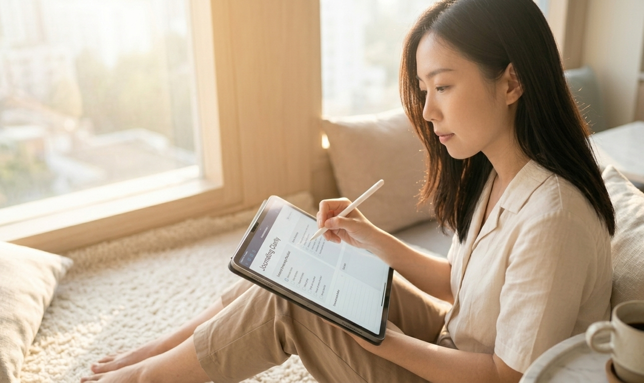A woman sitting cross-legged on a soft rug near a window, Apple Pencil in hand, writing in an open digital planner on her iPad — the warm morning light and focused expression conveying someone processing her emotions with intention and self-compassion