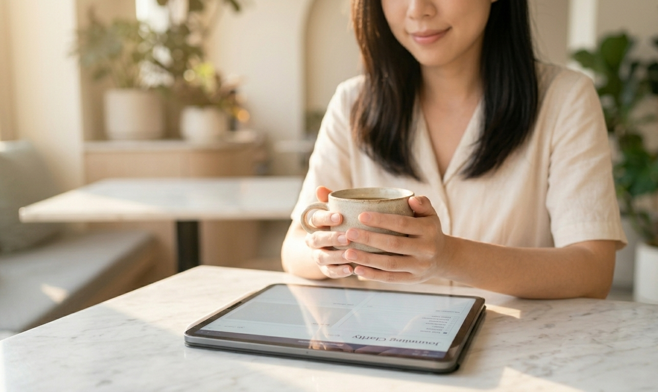 A woman sitting at a minimal café table, both hands wrapped around a warm cup, an open digital journal visible on the marble surface beside her — her posture relaxed and open, embodying the ease and safety that healthy love creates