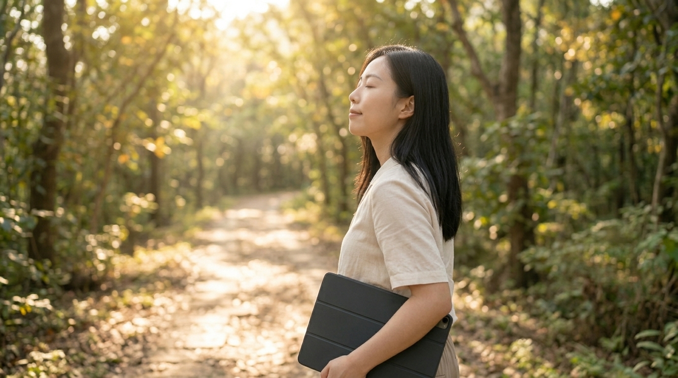 A woman walking alone through a sun-dappled forest path, a digital journal tucked under her arm, her face turned slightly upward with a soft, knowing expression — embodying the quiet clarity that comes after deep self-reflection