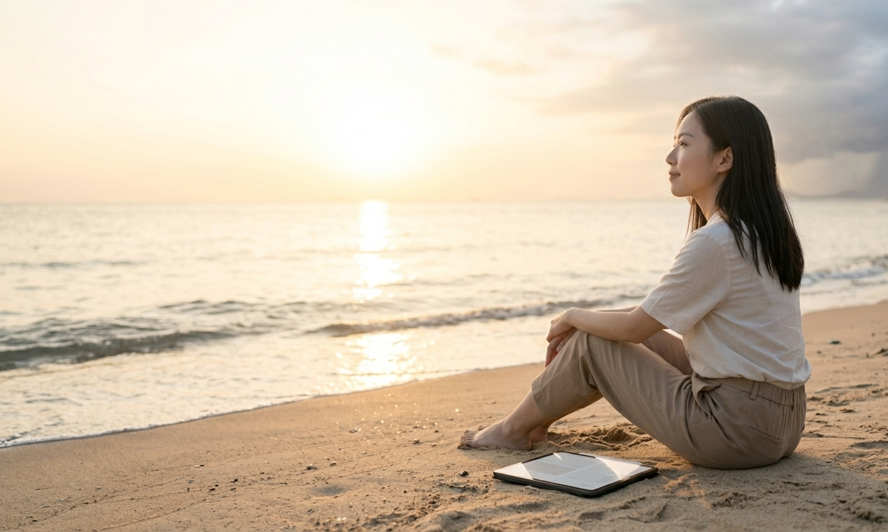 A woman sitting at the edge of a tranquil beach at golden hour, an open digital journal on her iPad beside her, her gaze soft and turned toward the horizon — the stillness around her a contrast to the emotional storms she is learning to leave behind