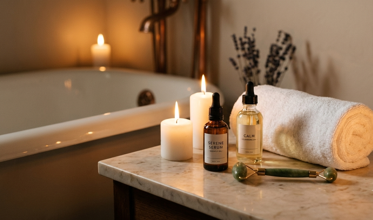 Soft candlelit bathroom counter with facial oils and a jade roller