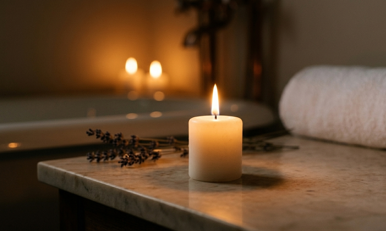 A lit lavender candle glowing softly beside a small ceramic dish and skincare products on a marble surface