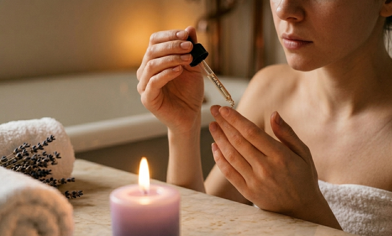 Close-up of hands applying facial oil with a slow, gentle massage motion — soft warm light in the background