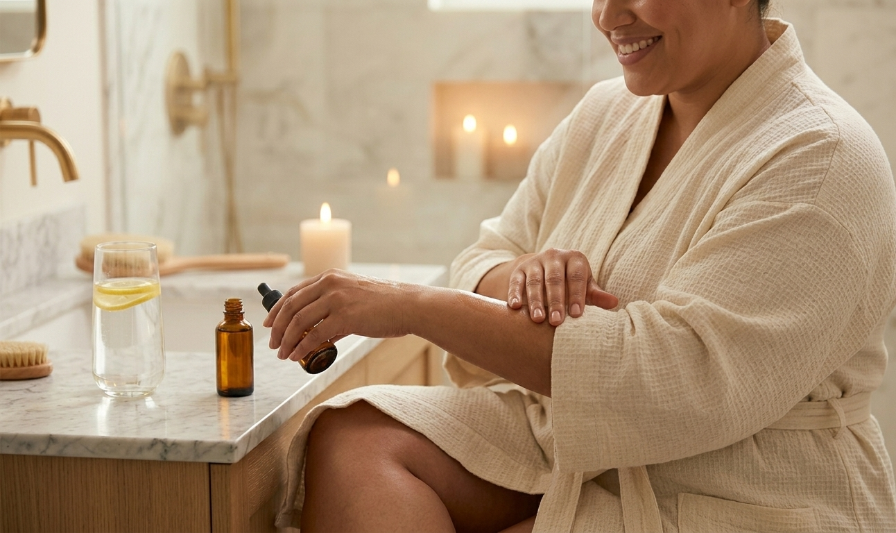 A woman in a plush ivory robe sitting at a vanity, applying body oil to her arm with slow, deliberate strokes — a glass of lemon water beside her, her skin glowing, her expression completely at peace in the soft warmth of the post-shower afterglow