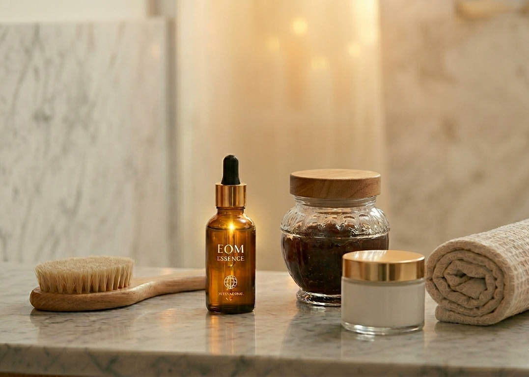 A softly lit bathroom with two lit candles on the marble ledge, eucalyptus sprigs hanging from the showerhead, and a small essential oil bottle beside a folded ivory towel — the warm glow and organic textures radiating pure pre-shower sanctuary energy