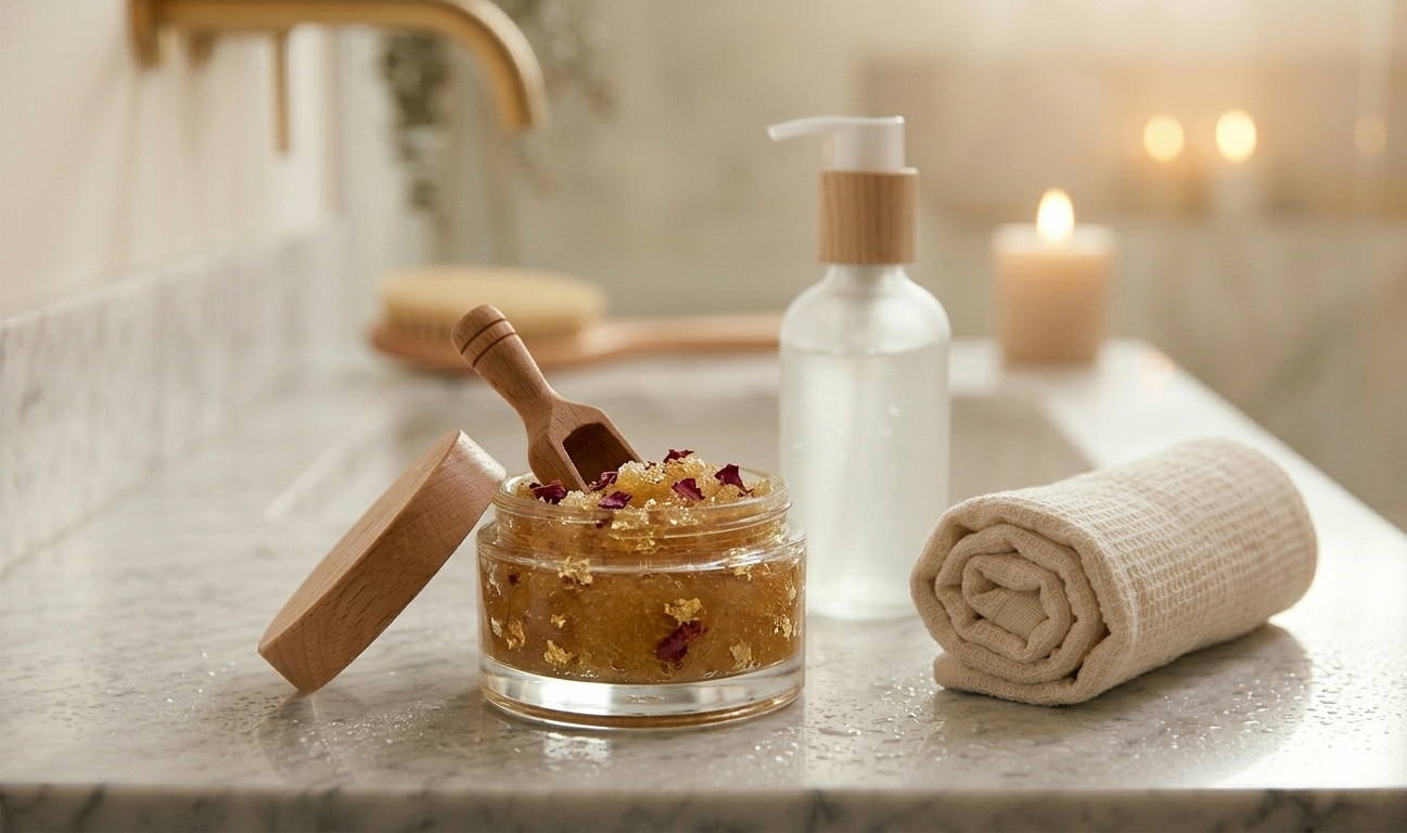 An open glass jar of golden sugar scrub with rose petals on a wet marble surface, a loofah and body wash bottle beside it — the scene steamy, warm, indulgent, and entirely spa-worthy