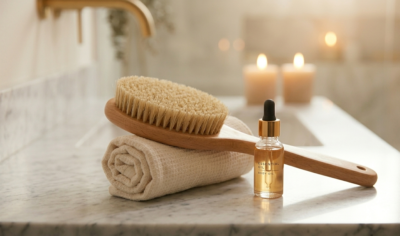 A close-up of a natural-bristle dry brush resting on a linen towel beside a small pot of body oil — warm, textured, minimal — the tools of a woman who takes her body ritual seriously
