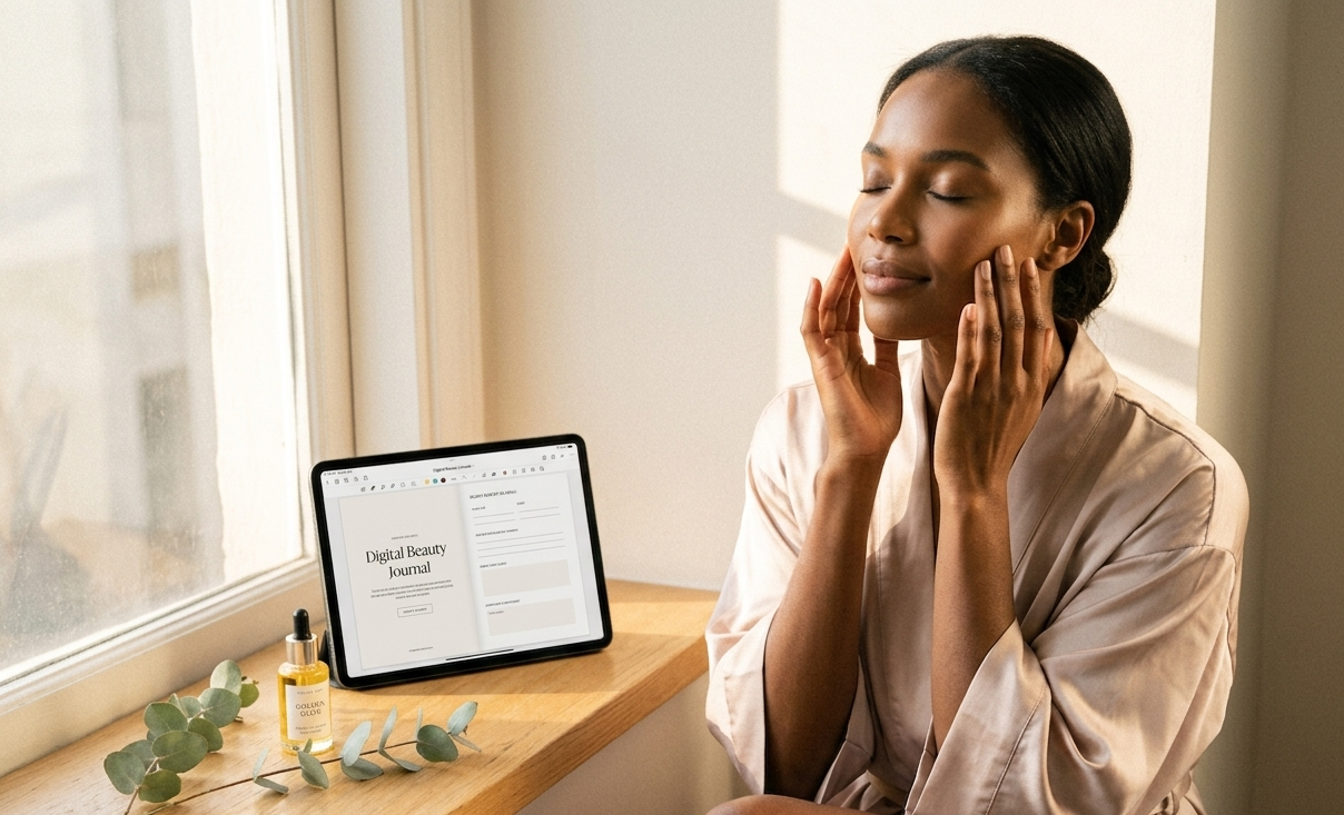 A woman seated at a sun-drenched windowsill in a cream silk robe, her fingertips resting gently against her cheekbones mid face yoga movement, eyes softly closed and expression radiating complete peace — her open digital beauty journal glowing on an iPad on the wooden ledge beside her, a small bottle of facial oil and a single sprig of eucalyptus nearby, the golden morning light wrapping her in warmth
