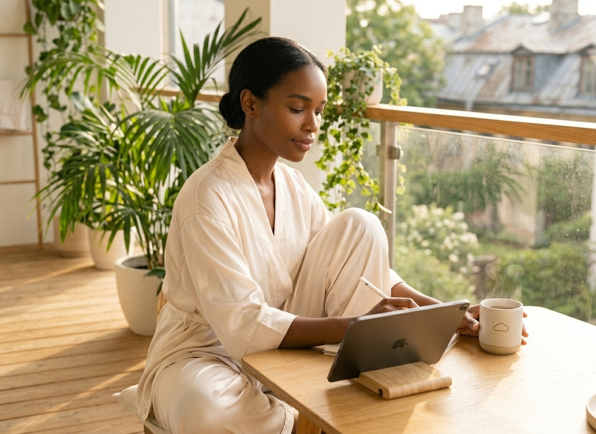 A woman in cream loungewear sitting cross-legged on a light-filled balcony, writing in her digital planner on an iPad propped up on a small stand beside her morning tea — her face is relaxed and glowing, her posture unhurried, the early sun casting long golden shadows across the wooden floor and a small potted plant nearby, evoking the quiet pleasure of a ritual morning that belongs entirely to her