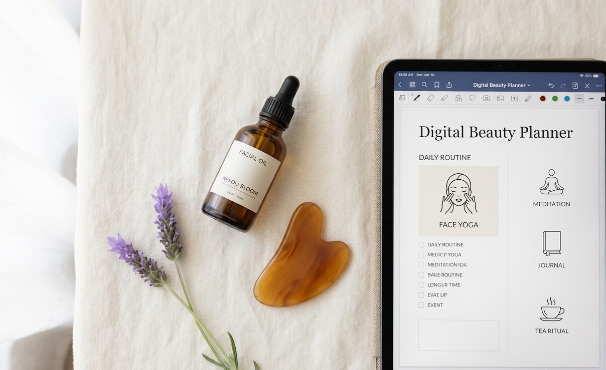A minimalist flat lay on a cream linen surface: a small amber bottle of facial oil, a jade gua sha stone, a sprig of lavender, and an open digital beauty planner on an iPad with a soft-lit face yoga routine visible on screen — the whole arrangement evoking a slow, intentional morning beauty ritual