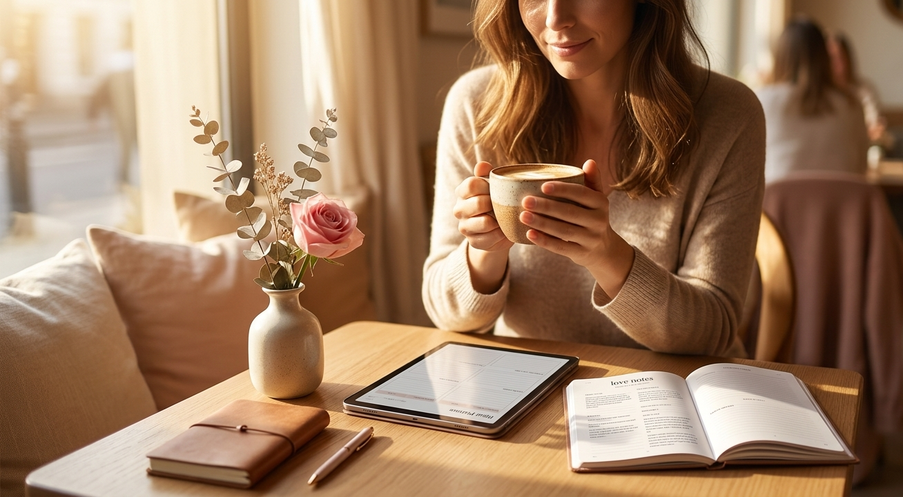 A woman sitting at a sun-drenched café table, a warm cup of coffee cradled in both hands and an open relationship journal glowing softly on her iPad beside a single pink rose — her gaze is soft and inward, her whole posture radiating the quiet warmth of someone who has learned to find magic in ordinary moments