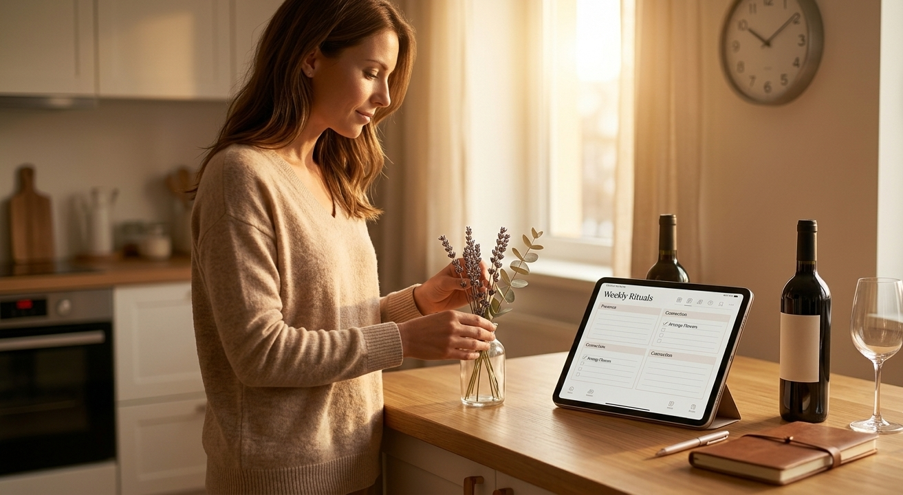 A woman standing barefoot on a wooden kitchen floor at golden hour, arranging a small vase of pale flowers beside two glasses of wine on a simply set table — a romantic digital relationship planner open on her iPad on the counter nearby, the warm amber light of the evening turning a quiet Tuesday into something quietly extraordinary