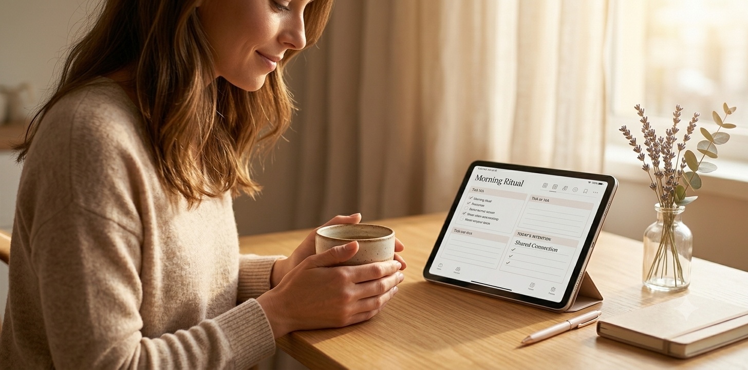 A woman sitting on a sun-lit balcony in the early morning, both hands wrapped around a warm ceramic cup, a soft smile on her face and a beautifully designed relationship planner open on her iPad resting on the table beside her — the whole scene radiating the gentle, unhurried warmth of a morning ritual that is both personal and quietly shared