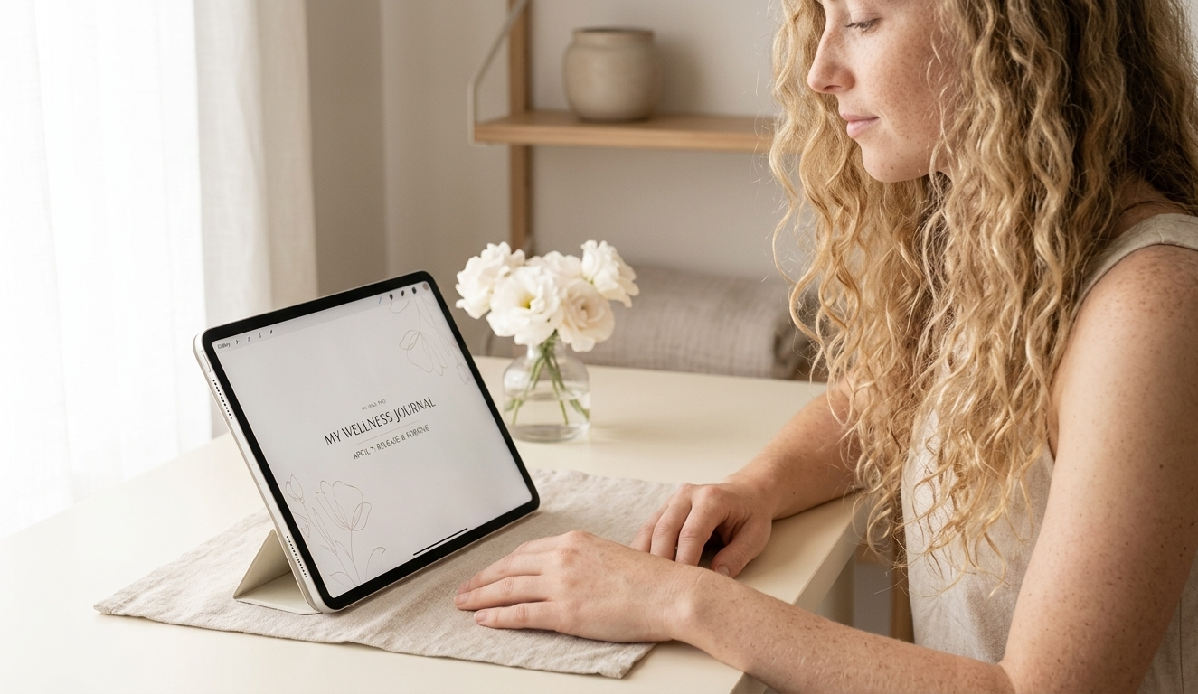 A woman sitting peacefully at a minimal desk, an open digital wellness journal on her iPad beside a small vase of soft white flowers — morning light casting gentle warmth across the scene