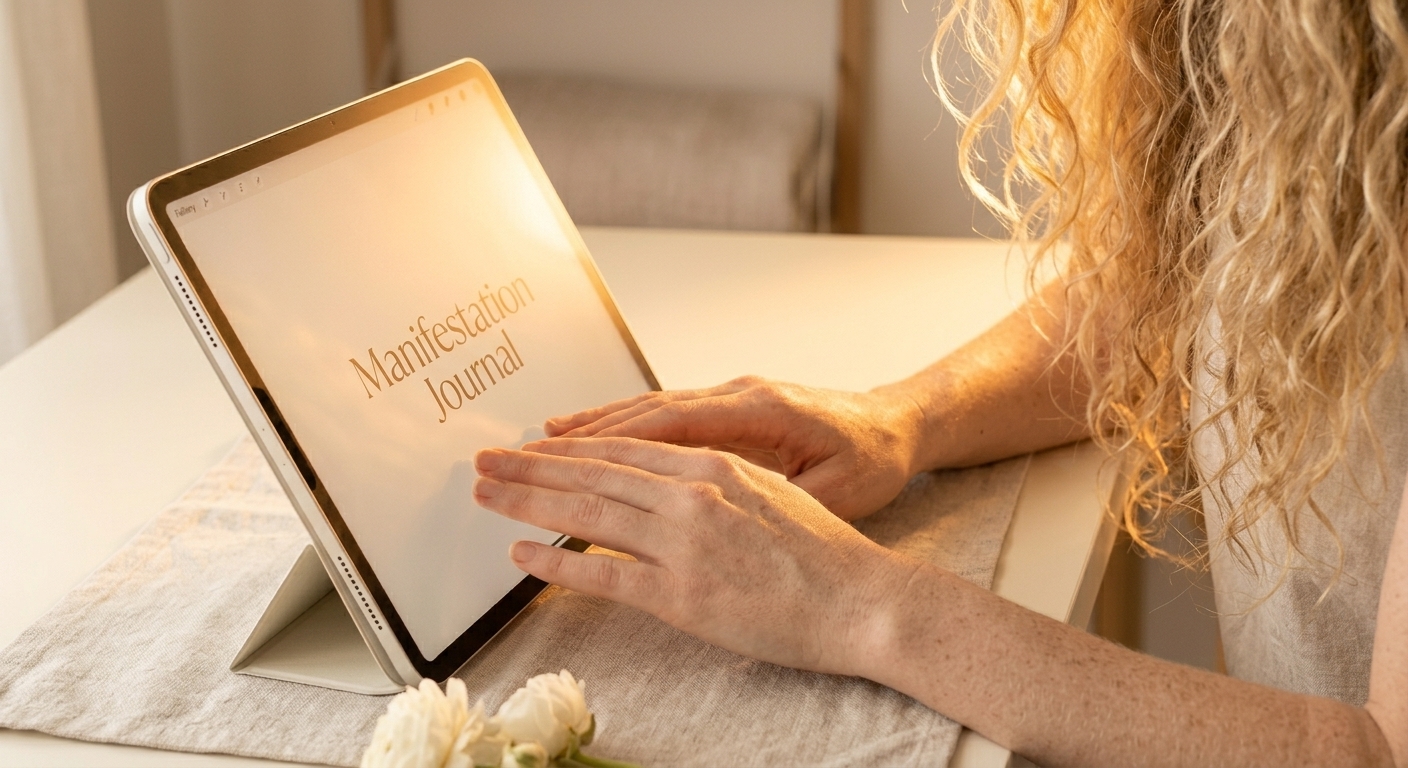 A woman's hands resting softly on an open digital manifestation journal on an iPad, warm morning light streaming across a minimal cream desk — a sense of spaciousness, clarity, and renewed energy