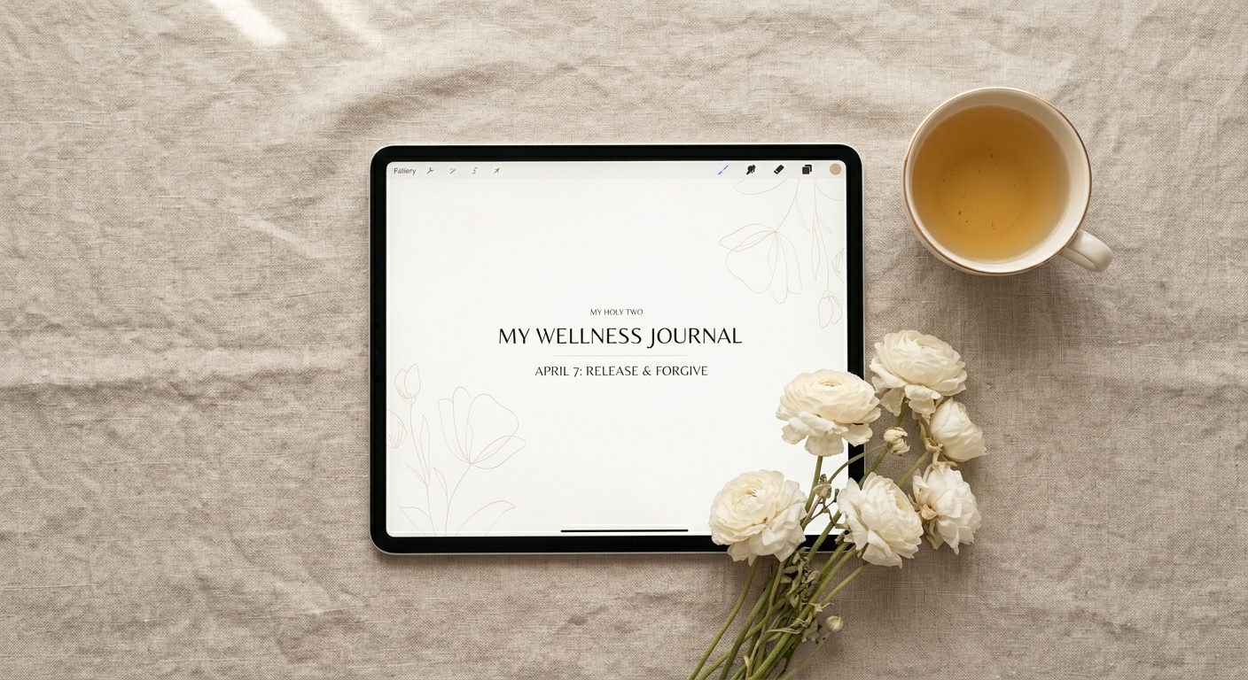 A serene flat lay of an open digital journal on an iPad, a dried flower, and a cup of herbal tea on a linen surface — a quiet moment of reflection and emotional release