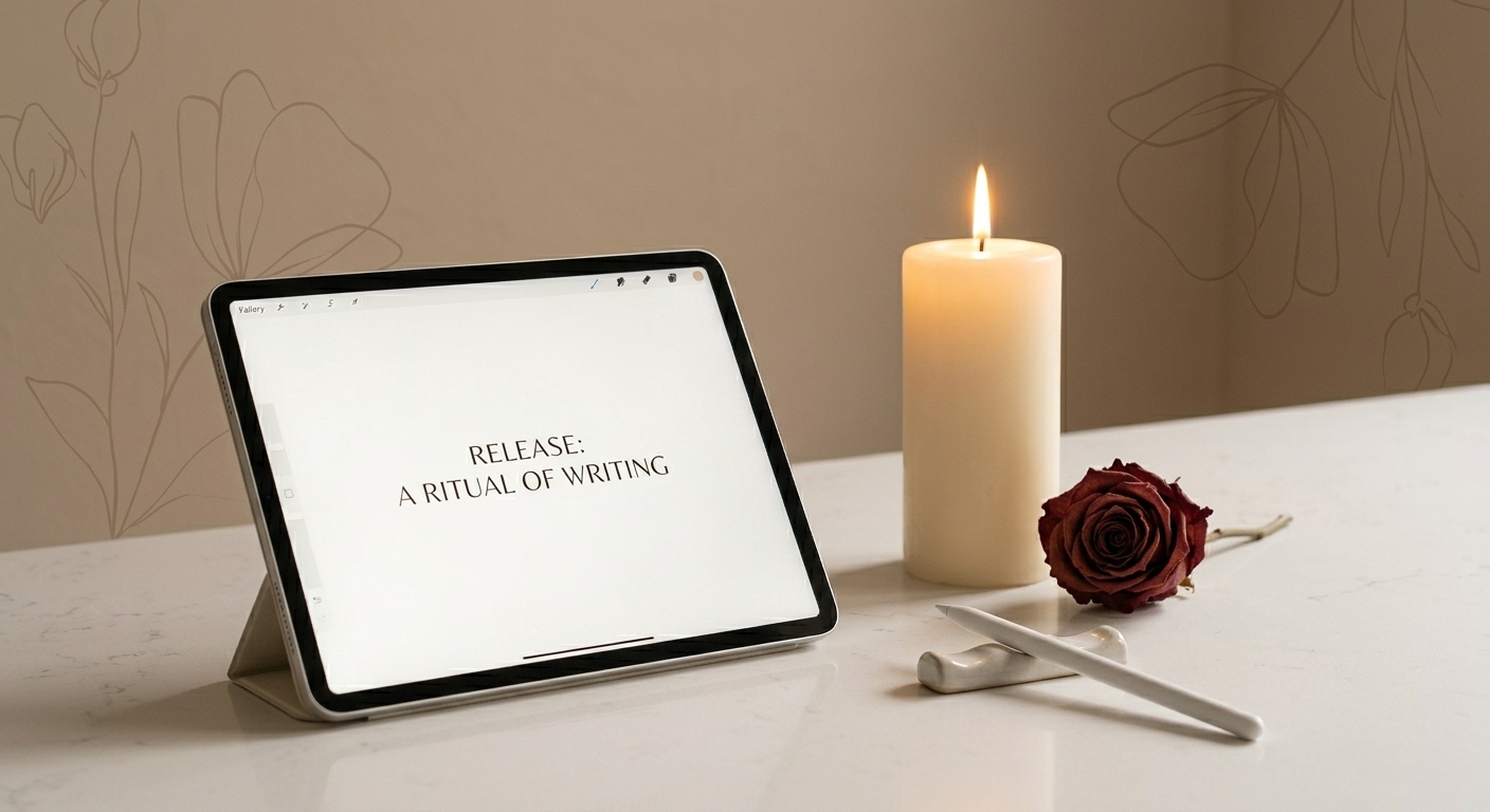A minimal journaling setup: an open digital journal on an iPad, a single candle casting soft light, and a dried rose on a cream surface — a sacred, intentional space for emotional release
