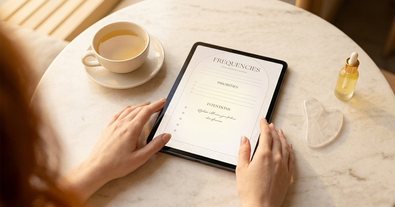 A close-up of a woman's hands holding an iPad open to a beautifully minimal digital manifestation journal, a single line of morning intentions visible on the screen — soft cream linen beneath, a small ceramic cup of tea beside it, the entire scene radiating intentional, screen-free calm.
