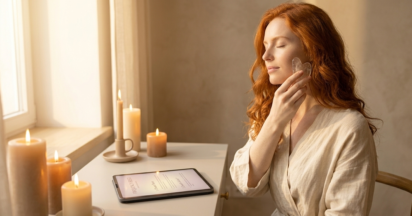 A woman in a soft cream robe sitting at a minimal vanity, eyes closed, performing a slow Gua Sha facial massage with warm candlelight flickering beside her and a small open digital wellness journal on her iPad nearby — the scene radiating deep, intentional restoration after a full day.