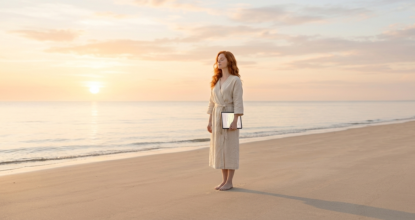 A woman standing barefoot on a quiet beach at sunrise, eyes closed and arms relaxed at her sides, a closed digital journal tucked under one arm — the pale golden light and soft waves around her radiating absolute stillness and inner calm, untouched by the world's noise.