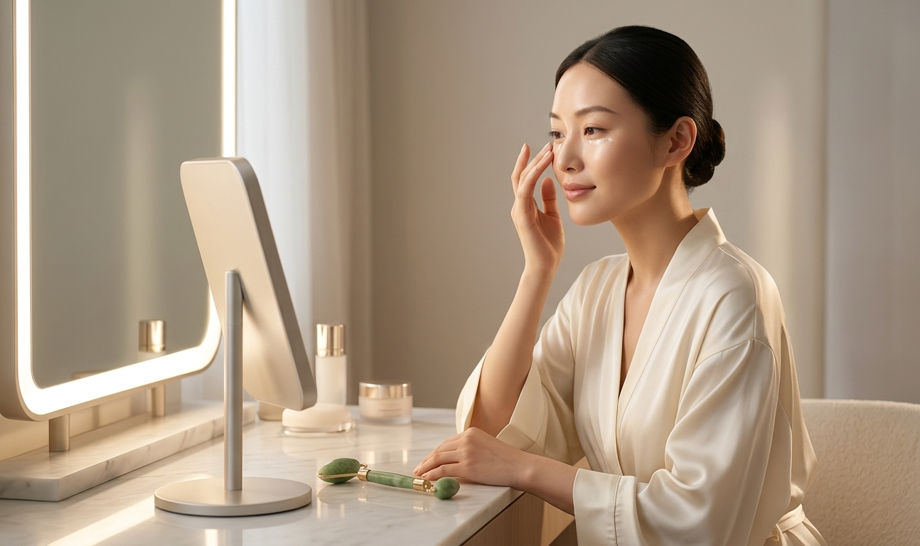A woman in a cream silk robe sitting at a softly lit vanity mirror, her fingertips barely grazing the delicate skin beneath her eyes with a jade roller resting beside her, the morning light falling across her glowing, unhurried face — a scene of quiet luxury, tender self-care, and the rare beauty of a woman who looks at herself with complete gentleness