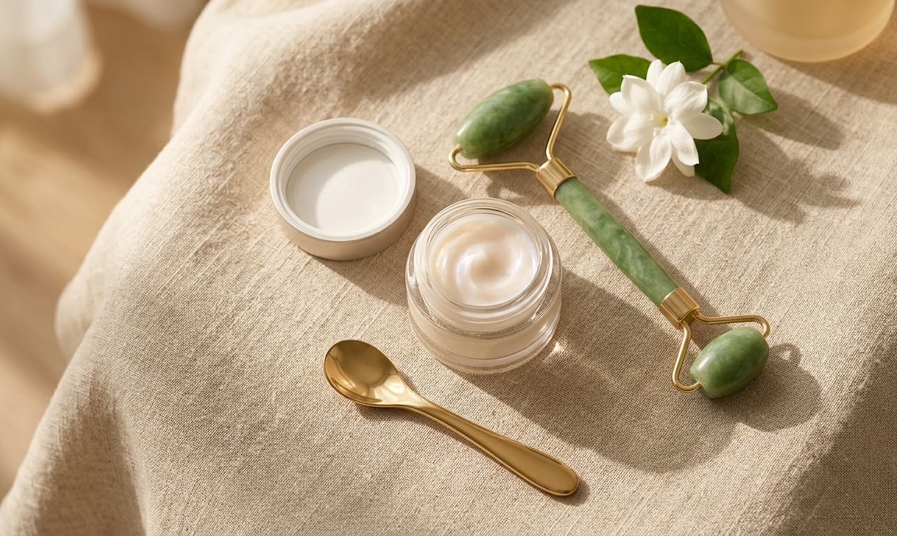An elegant flat lay on a soft cream linen surface — a small glass jar of eye cream, a chilled jade roller, a golden facial spoon, and a delicate white flower arranged in the morning light, evoking a precise and tender eye-care ritual