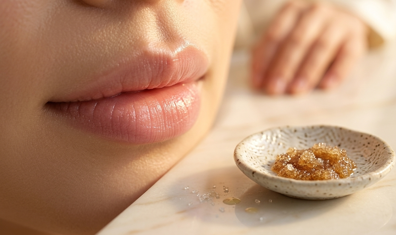 A close-up of a woman's lips barely touched by a soft golden light, a small pot of shea butter lip balm and a delicate silver spoon with a pinch of brown sugar beside it on a cream marble surface — the whole scene radiating the quiet luxury of nourishing, intentional lip care