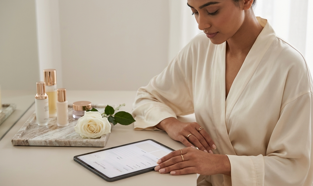 A woman in a cream silk robe seated at a softly lit vanity with a marble tray, a single white rose, and a digital beauty journal glowing on her iPad — everything arranged with intention, warmth, and quiet luxury, radiating the feeling of a sacred morning ritual