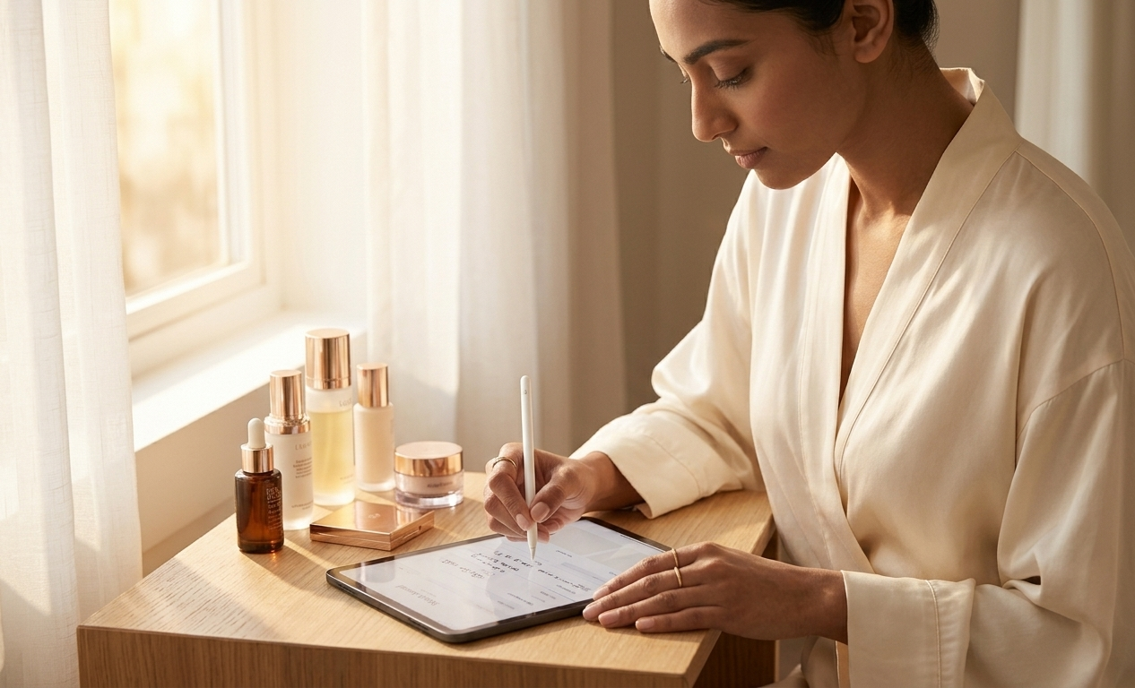 A woman at a sunlit kitchen table, writing in an open digital beauty planner on her iPad — a small pile of skincare products beside her as she mindfully edits her routine, the scene warm and intentional