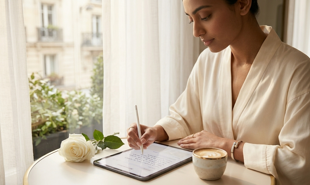 A woman at a café window writing affirmations into a beautiful digital journal on her iPad, a coffee beside her and a white flower on the table — calm, grounded, and deeply intentional